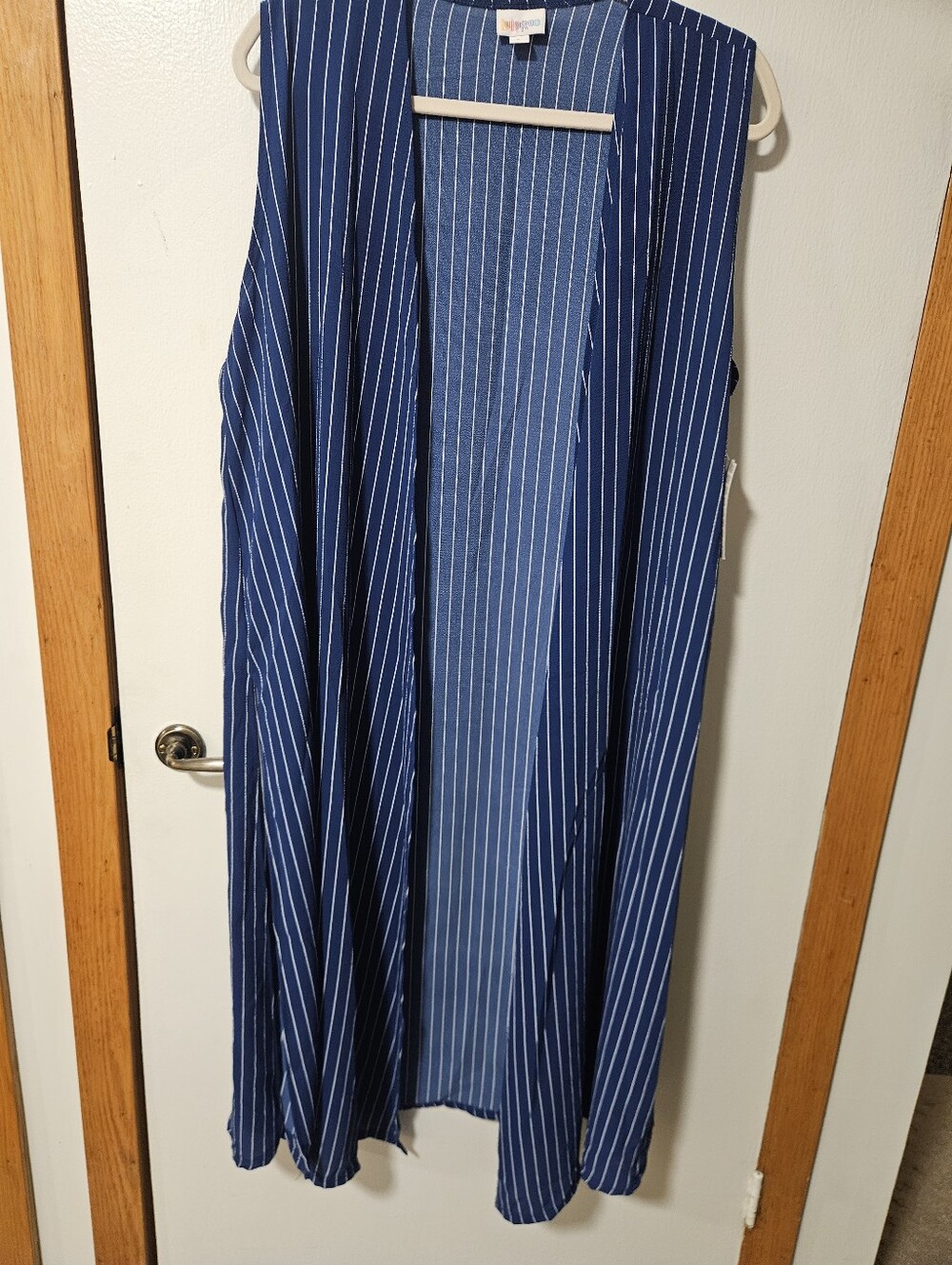 NWT Lularoe Duster Sleeveless Joy Cardigan Blue White Pinstripe Size Lage